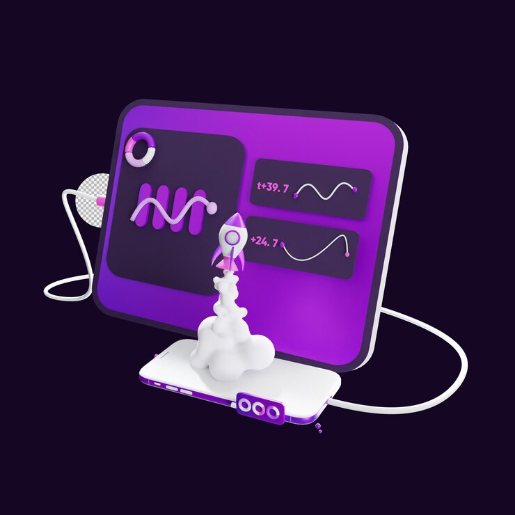 PSD monitor de pantalla con teléfono inteligente móvil y icono de lanzamiento de cohete análisis de negocios ilustración 3d