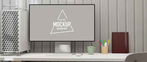 Monitor per computer con schermo mockup su tavolo bianco con custodia per CPU e rendering 3D di cancelleria