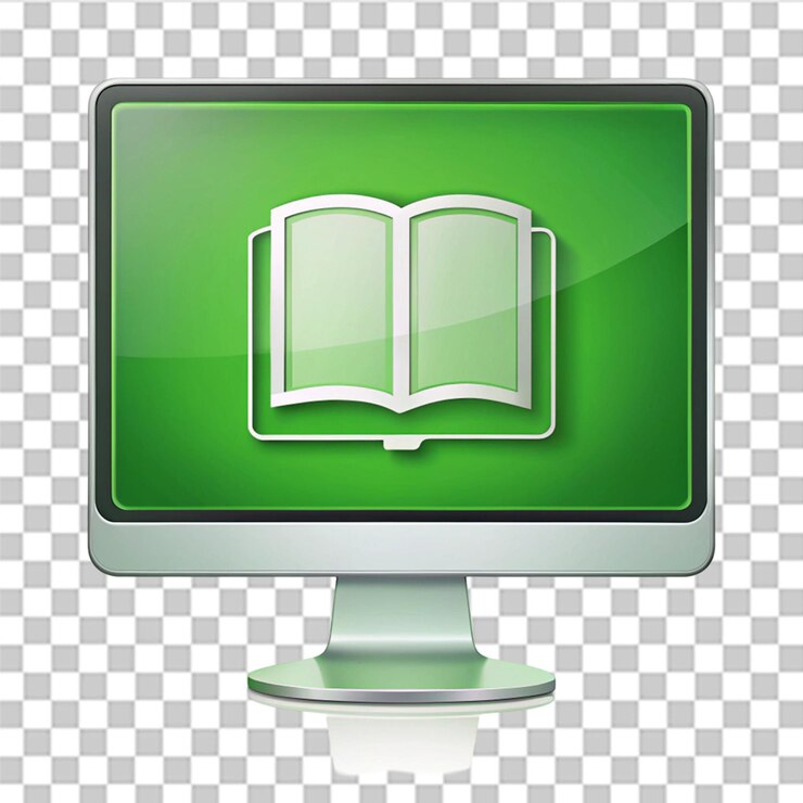 PSD monitoreo de computadora con icono de libro verde aislado en un fondo transparente