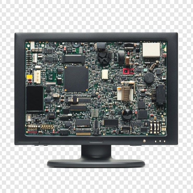 PSD monitoreo de computadora que revela circuitos internos componentes electrónicos intrincados tecnología hardware