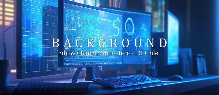 PSD monitores de computadora que muestran programas de lenguaje de codificación con interfaz de monitoreo del sistema