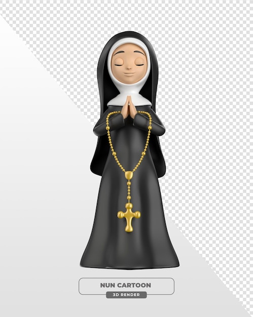 Monja de oración al estilo de dibujos animados con hábito negro y rosario dorado en renderización 3D