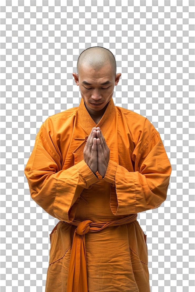 PSD el monje shaolin orando solo contra un fondo transparente