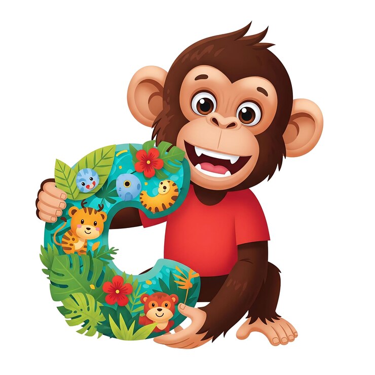 PSD monkey holding the letter c with jungle animals