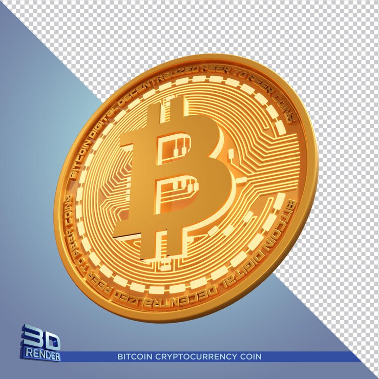 PSD monnaie d'or bitcoin cryptocurrency rendering 3d isolé