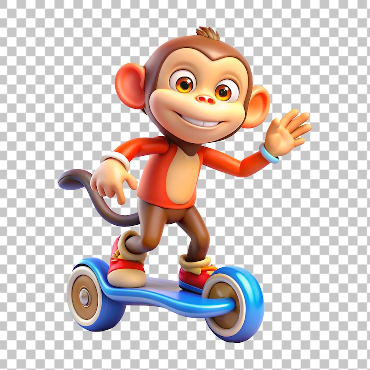 PSD mono de dibujos animados en hoverboard aislado en un fondo transparente ilustración de renderización 3d