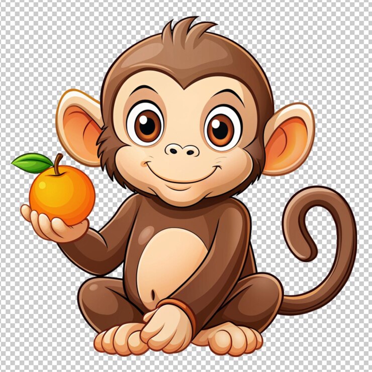 PSD un mono de dibujos animados con una naranja en un fondo transparente