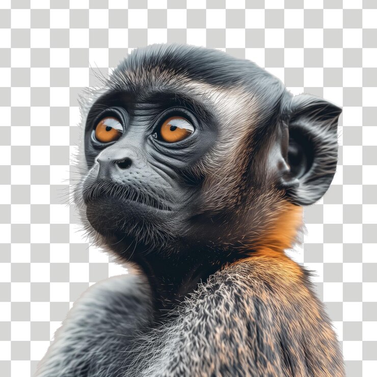 un mono con ojos naranjas y un fondo negro con un fondo blanco