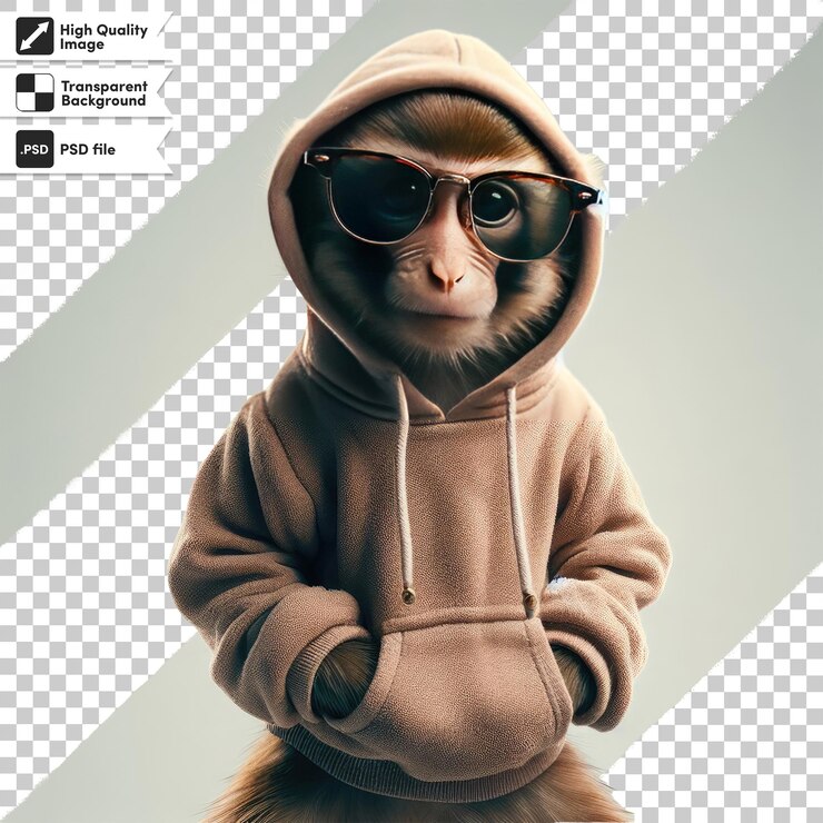 PSD mono psd con capucha y gafas de sol en fondo transparente con capa de máscara editable