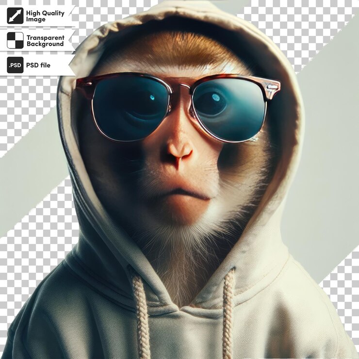 PSD mono psd con capucha y gafas de sol en fondo transparente con capa de máscara editable
