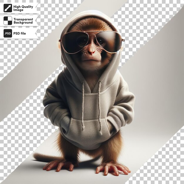 Mono PSD con capucha y gafas de sol en fondo transparente con capa de máscara editable