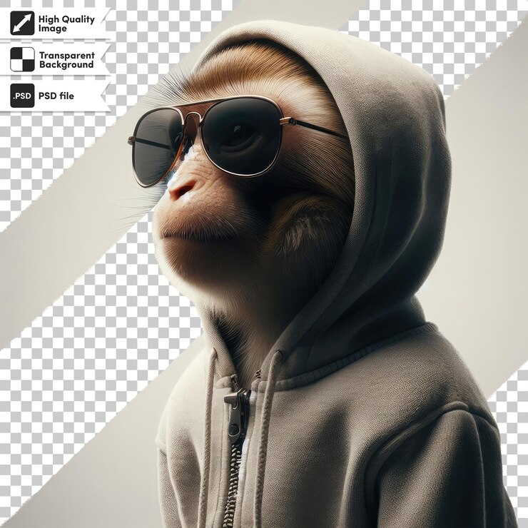PSD mono psd con capucha y gafas de sol en fondo transparente con capa de máscara editable