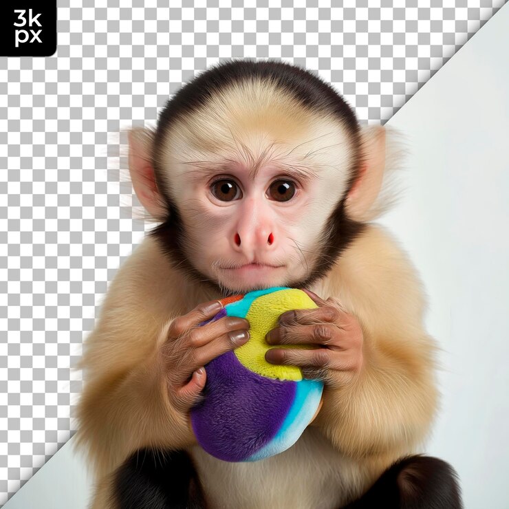 PSD un mono sosteniendo una pelota con una cámara y una cámara en el fondo