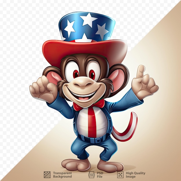 PSD un mono con un traje patriótico con una camisa roja y azul y un sombrero azul.
