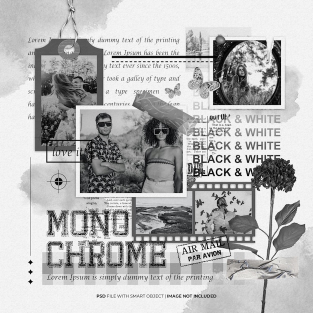 PSD monocromo en blanco y negro marco de fotos conjunto de moodboard maqueta