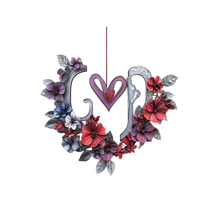 PSD monograma floral en forma de corazón gm con encanto colgante