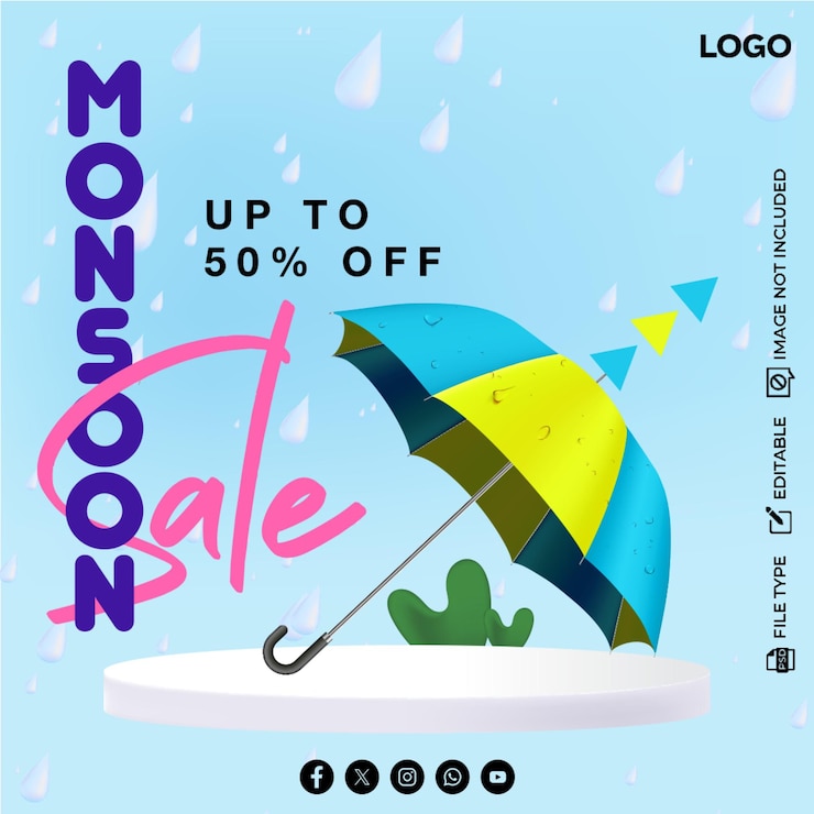 PSD monsoon sale promotion with umbrella and rain