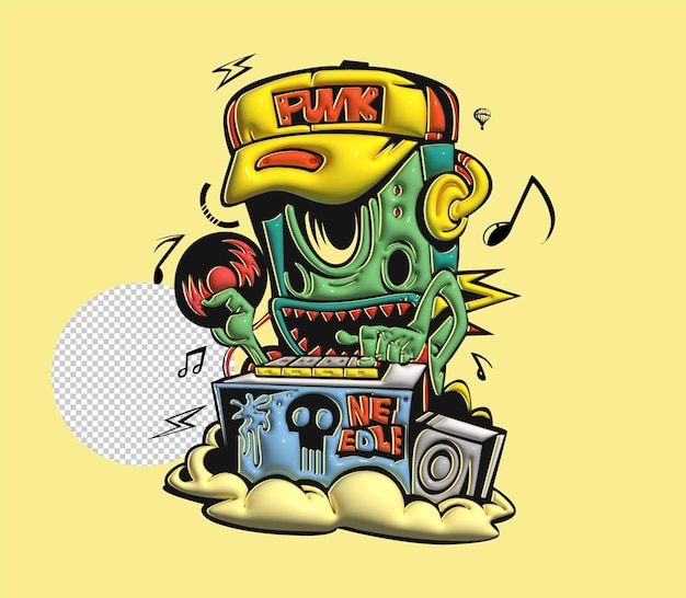 Monster Dj beard mixing music on the turntables Transparent Psd Design