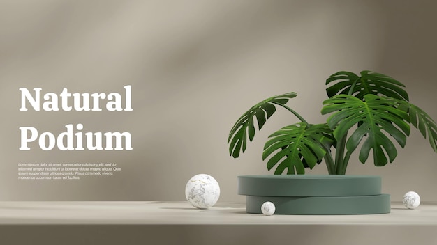 Monstera-Pflanze und Marmorkugel 3D rendern leere Szene dunkelgrünes Zylinderpodium in Landschaft