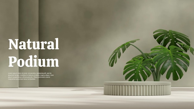 monstera plant and green wall 3d render mockup template green cylinder podium in landscape