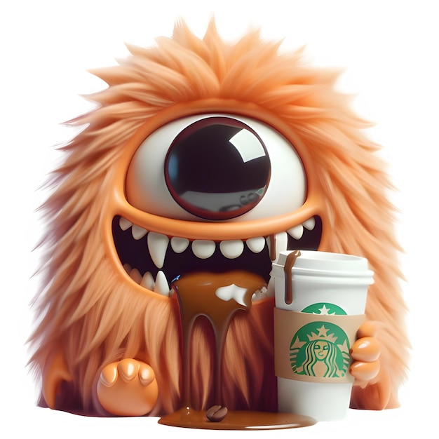 PSD un monstre à la fourrure mignon et moelleux buvant du starbucks.