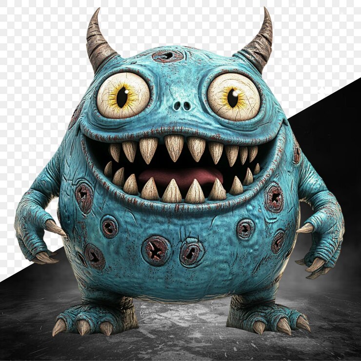 PSD un monstro azul con ojos amarillos y un monstruo azul en el frente