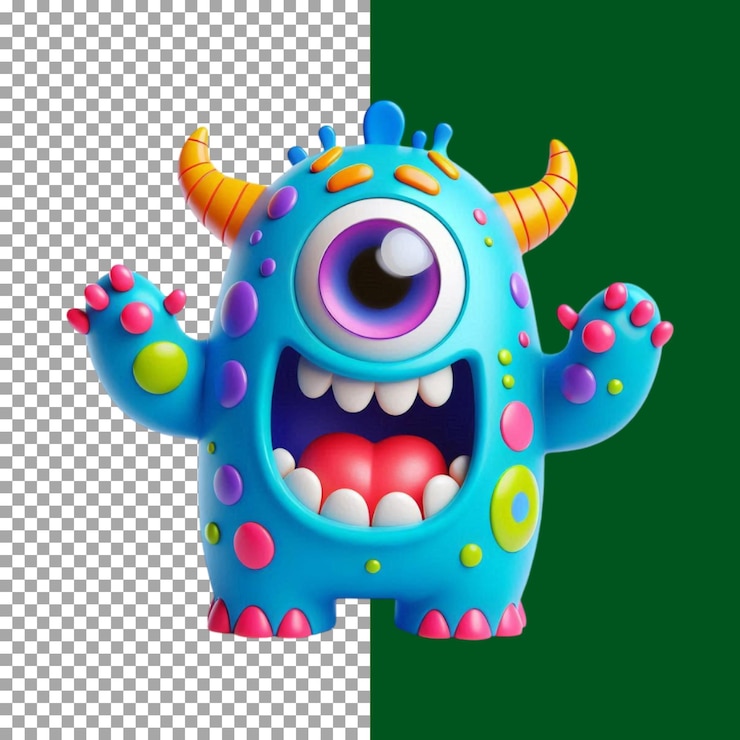 PSD monstro bonito criatura de fantasia vibrante com olhos grandes em fundo transparente png psd