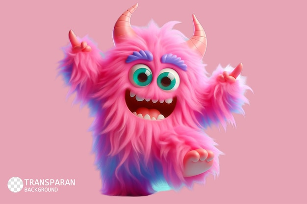 PSD monstro rosado e peludo, personagem de desenho animado em 3d.