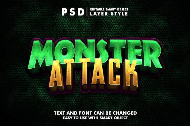 Monstruo ataque 3d efecto de texto de dibujos animados premium psd