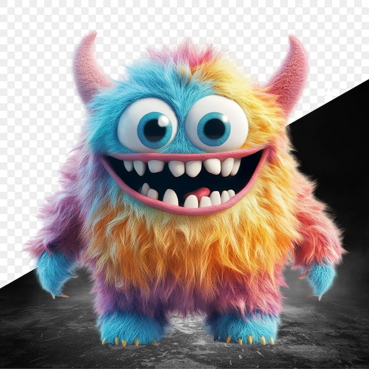 PSD un monstruo colorido con grandes ojos azules y grandes dientes