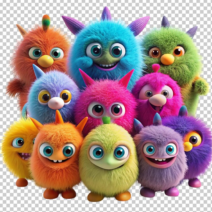 PSD un monstruo colorido y sonriente con un fondo transparente.