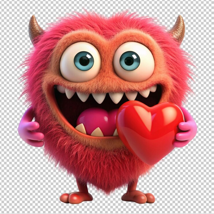 PSD monstruo de dibujos animados gracioso con un corazón en la boca sobre un fondo transparente