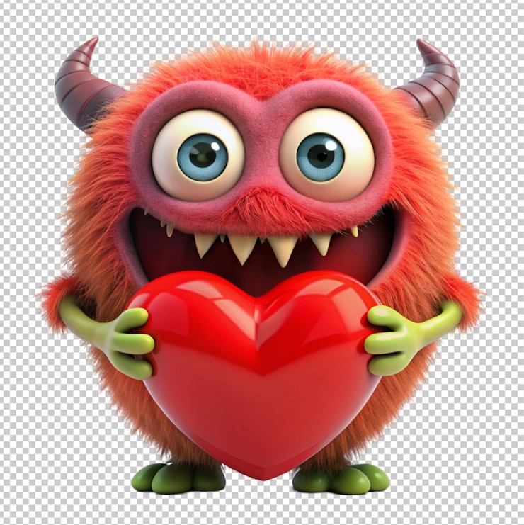 PSD monstruo de dibujos animados gracioso con un corazón en la boca sobre un fondo transparente