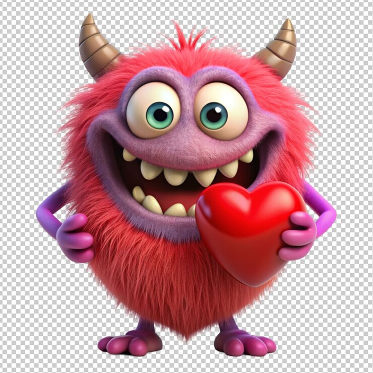 PSD monstruo de dibujos animados gracioso con un corazón en la boca sobre un fondo transparente