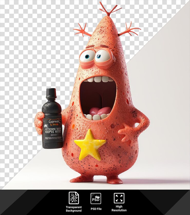PSD monstruo en forma de estrella de patrick sosteniendo una botella negra con una estrella amarilla acompañada de una boca abierta y un ojo blanco mientras que una pierna roja es visible en primer plano