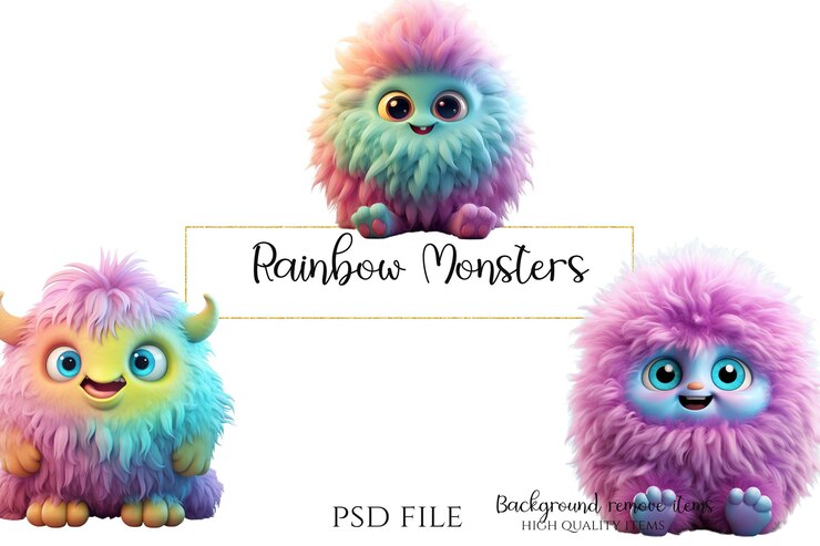 PSD monstruos coloridos y esponjosos monstruos lindos clipart