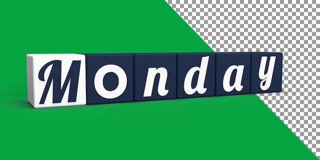 PSD montag 3d-rendering wochentag name auf würfeln 3d-kalenderkonzept highquality illustration