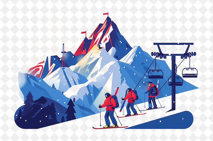 PSD montagne de noël aventureuse avec des skieurs et des snowboardistes illustration design artistique de noël