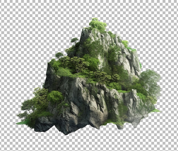 Montagne verte avec des arbres et de l'herbe isolés sur fond blanc Illustration 3D de la montagne forestière.