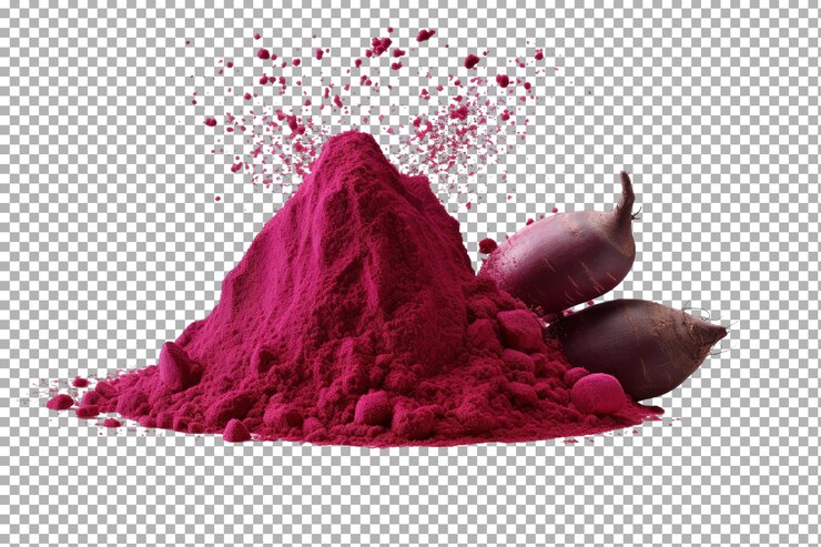 PSD montaña de remolacha en polvo vibrante junto a remolachas frescas en una superficie blanca sobre un fondo transparente blanco o png