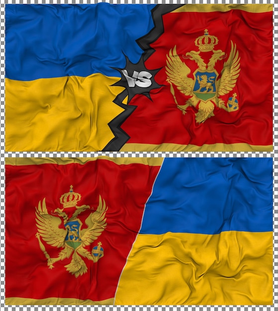 Montenegro contra Ucrania Media bandera combinada con textura 3D de la tela