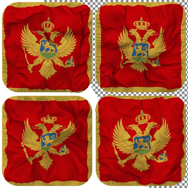 PSD montenegro-flagge, knappenform, isoliert, unterschiedlicher wehender stil, bump-textur, 3d-rendering
