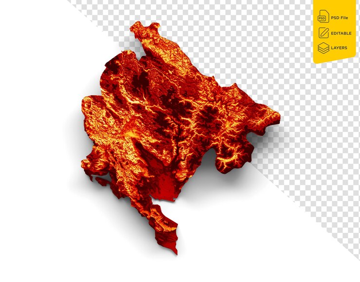 PSD montenegro map flag colors red and orange shaded relief map on white background 3d illustration