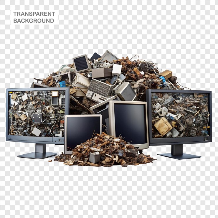 PSD montículos de basura electrónica aislados para el reciclaje y una variedad de monitores en un fondo despejado