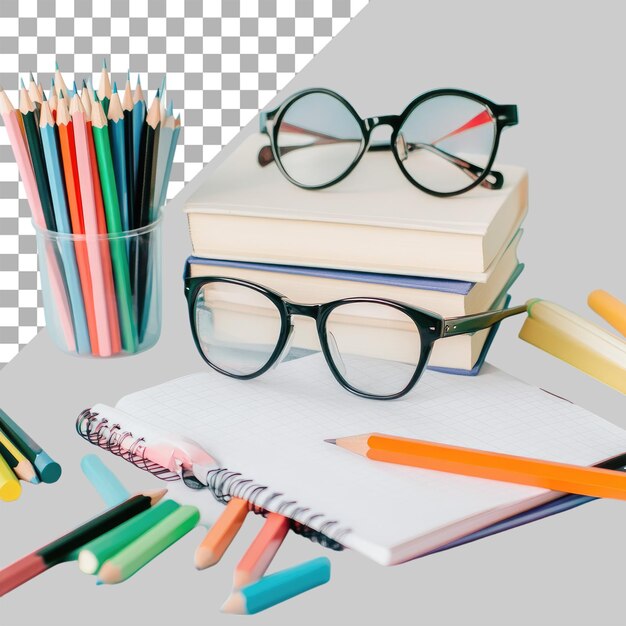 Un montón de artículos escolares como lápices, bolígrafos y gafas aislados sobre un fondo transparente