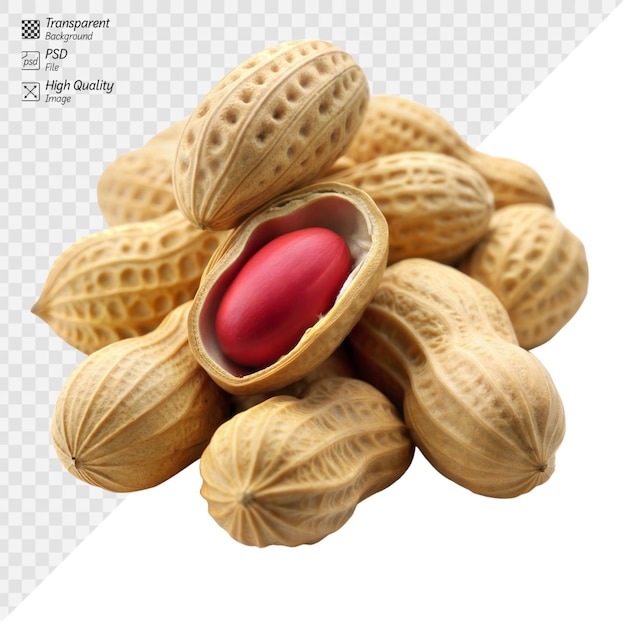 PSD un montón de cacahuetes con una cáscara abierta que revela una semilla roja
