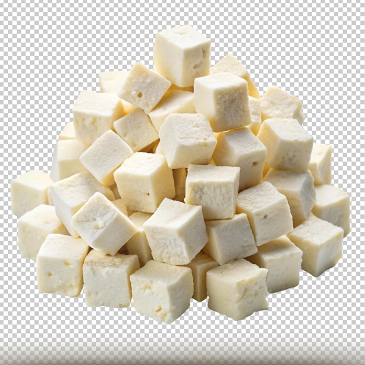 PSD un montón de cubos de feta cortados en cubos aislados sobre un fondo transparente