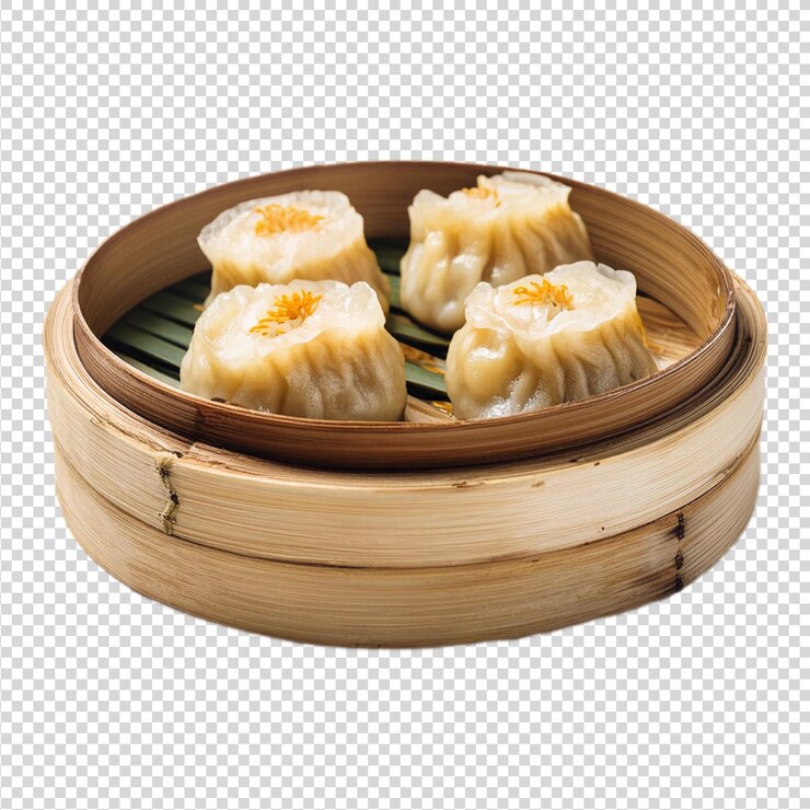 Un montón de deliciosa comida tradicional china dimsum en un fondo transparente