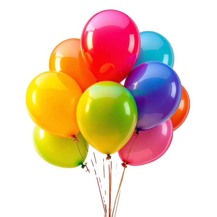 PSD un montón de globos coloridos con un fondo blanco que dice arco iris