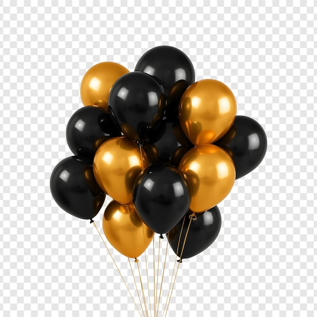 Un montón de globos negras y doradas brillantes sobre un fondo transparente